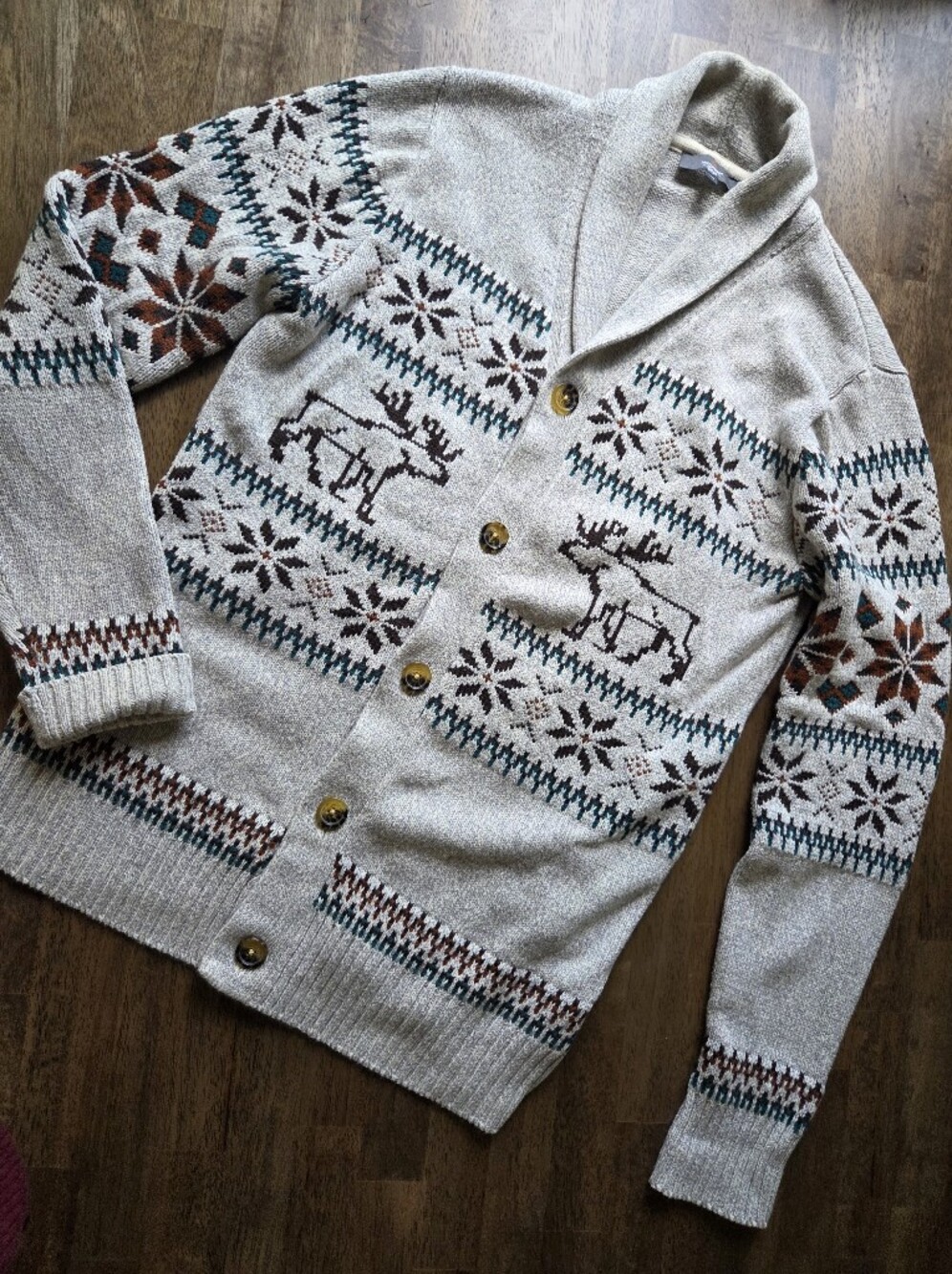 Cotton Blend Heathered Shawl-Collar Nordic Moose Knit Cardigan